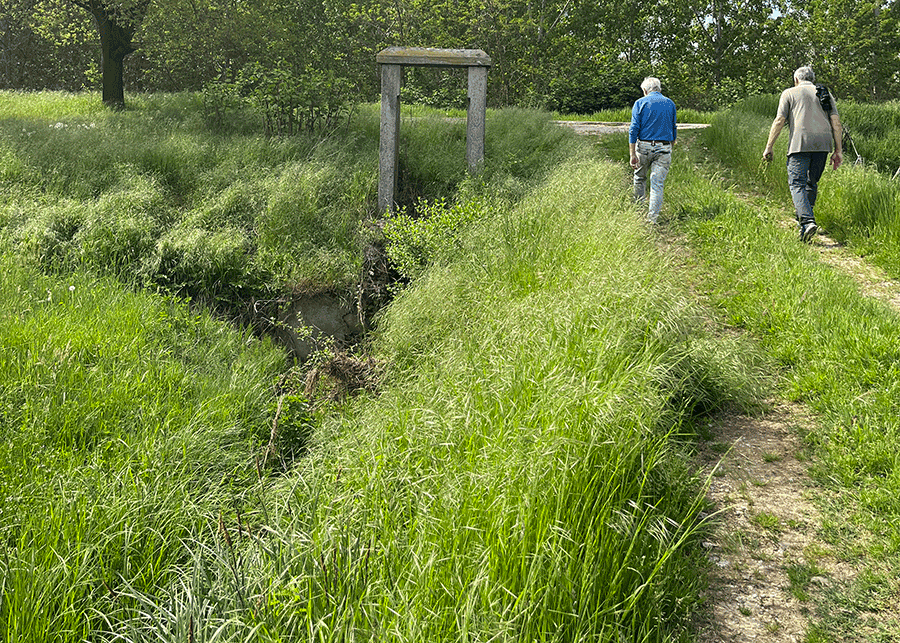 Two men walking beside a disused spring-fed ditch with a stone sluice frame in a grassy meadow.