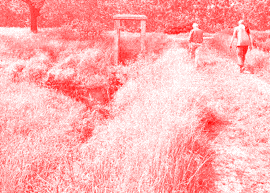 Two men walking beside a disused spring-fed ditch with a stone sluice frame in a grassy meadow.