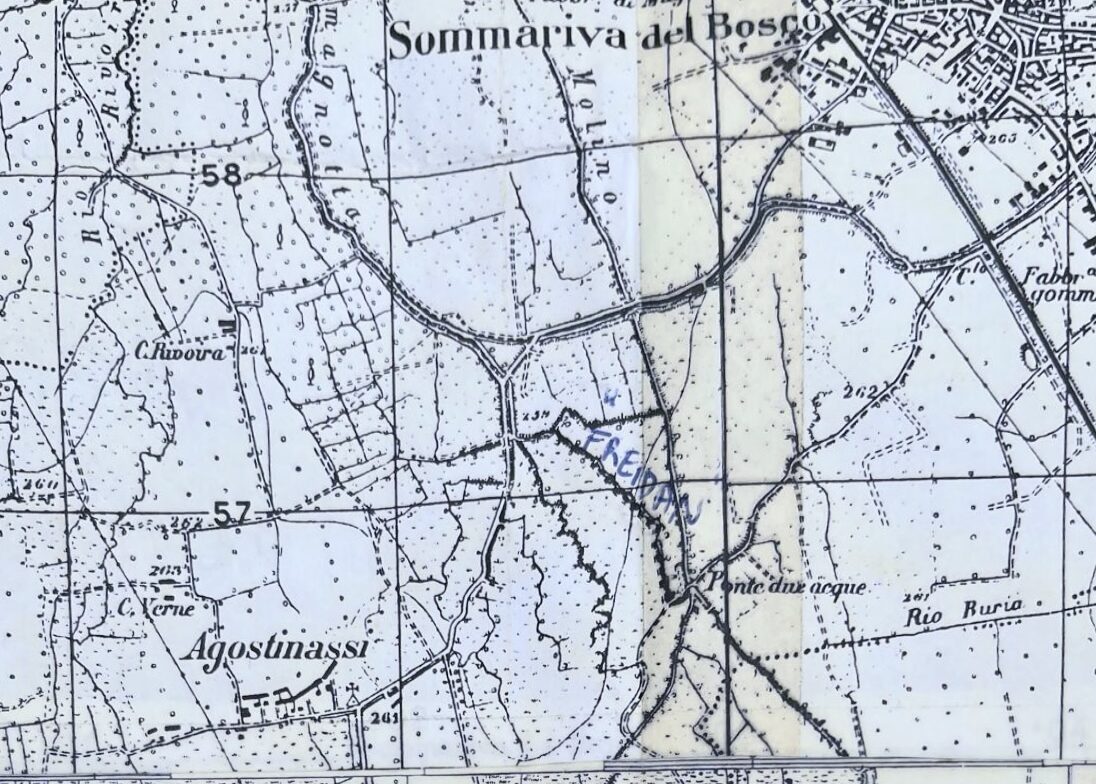 Detail of a historical map showing waterways and field divisions in the Agostinassi area.