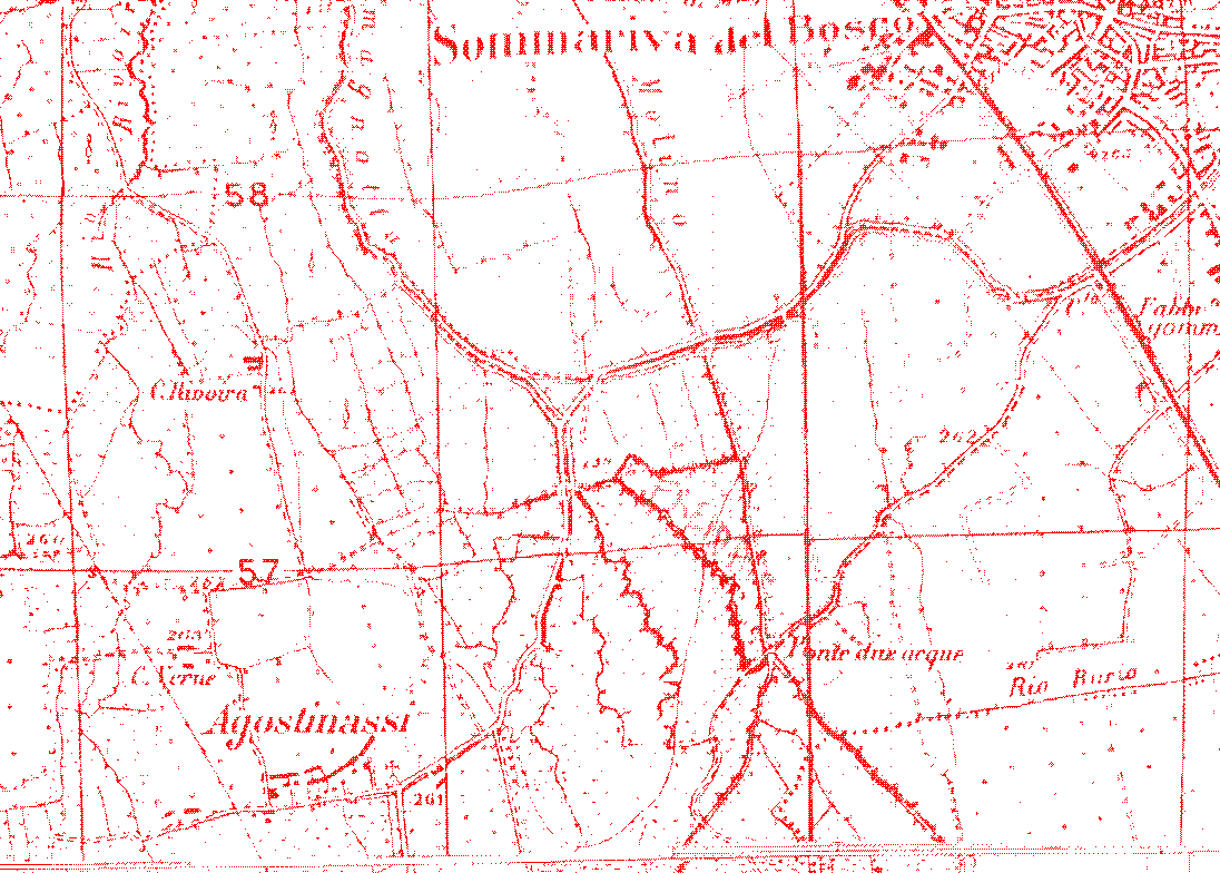 Detail of a historical map showing waterways and field divisions in the Agostinassi area.