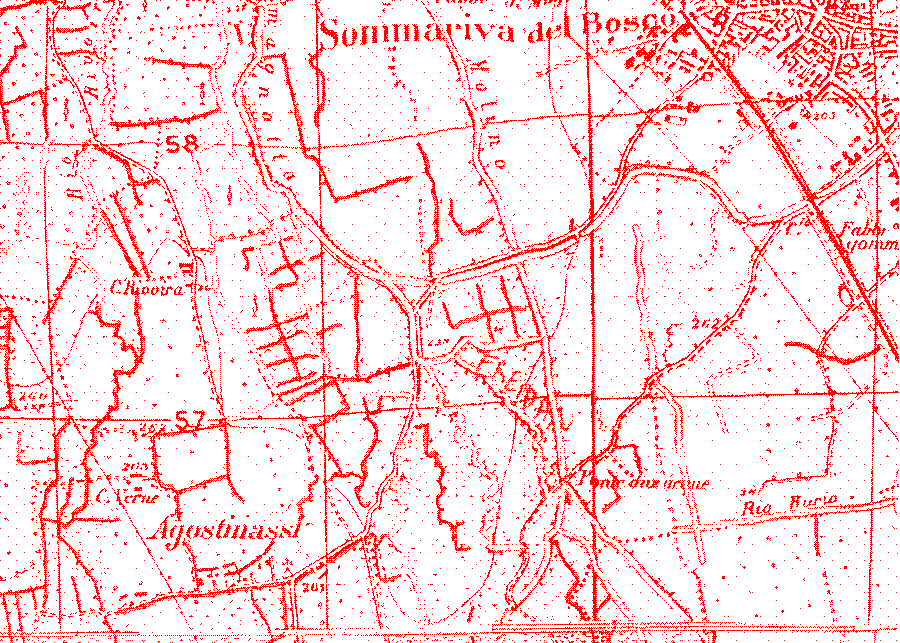 Historical map with blue-marked waterways and red intervention lines across the landscape.
